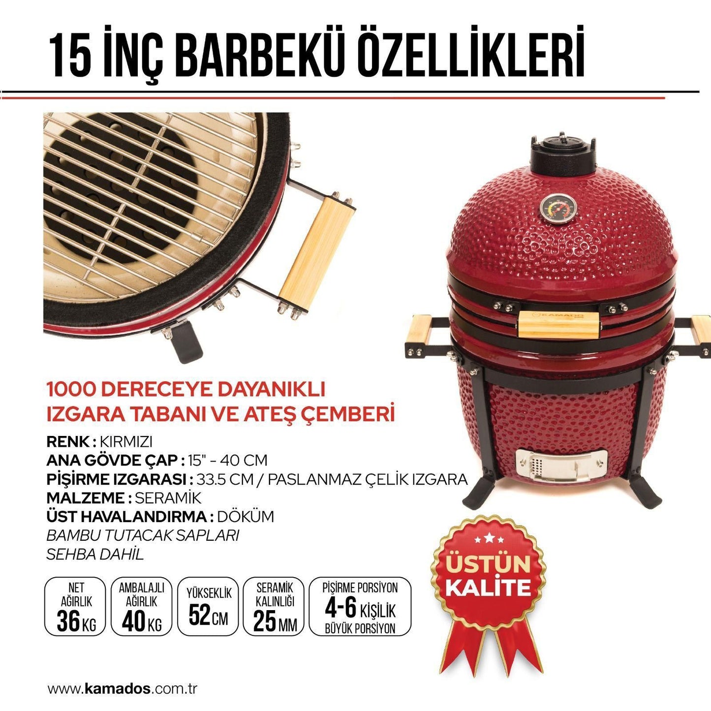 Kamados bbq barbekü tekerlekli paslanmaz çelik ızgara seramik malzeme